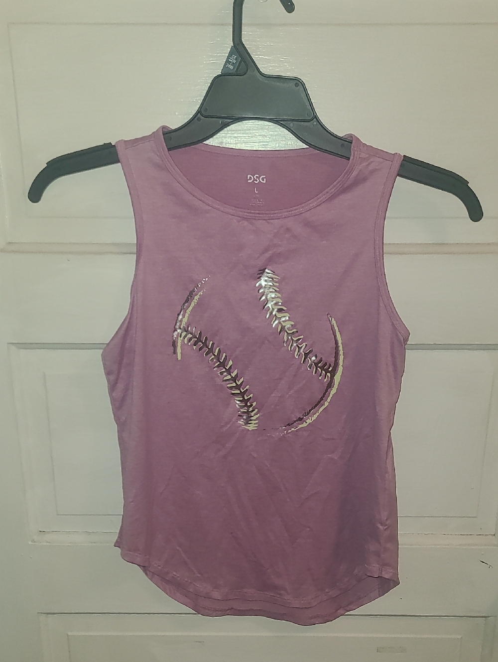 DSG Lavender Sleeveless Tank with Metallic Baseball Stitch